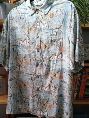 Casual Light Blue Tropical Print Short-Sleeve Button-Down Shirt